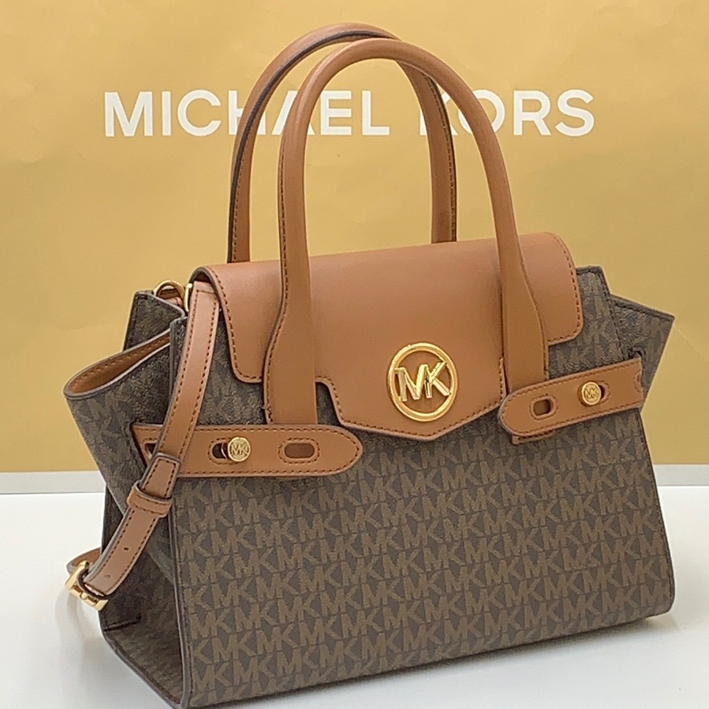MICHAEL KORS CARMEN MEDIUM FLAP SATCHEL BROWN SIGNATURE COLOR